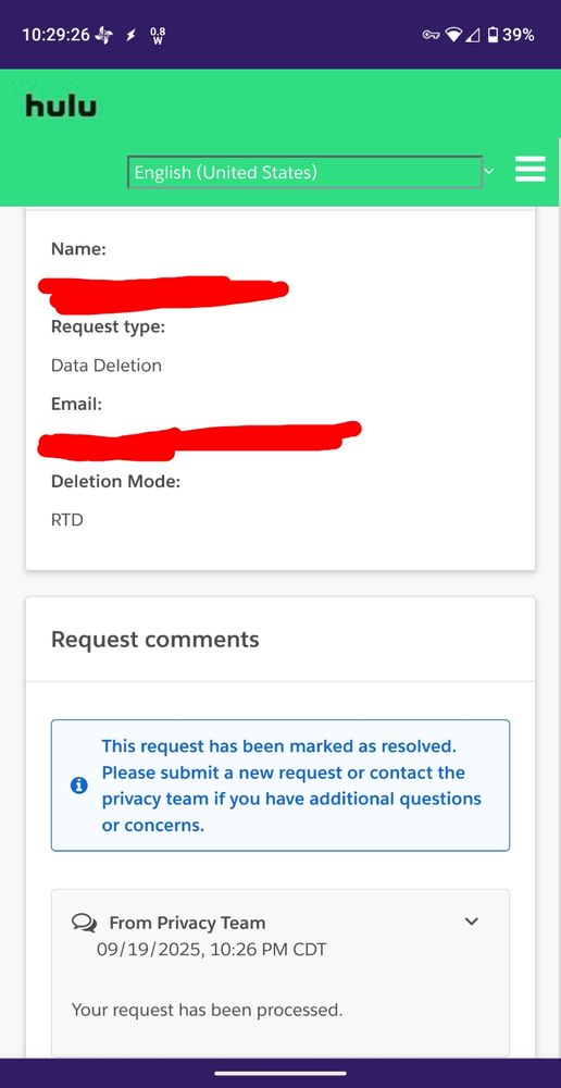 A screen shot of me deleting my hulu account entirely