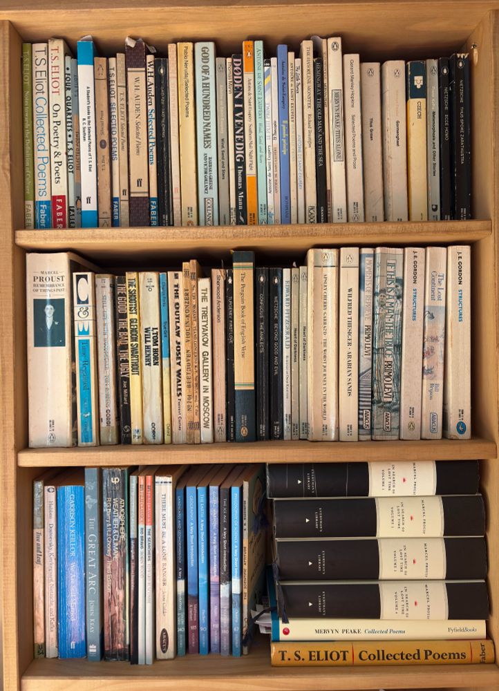 close up of bookshelves with books.