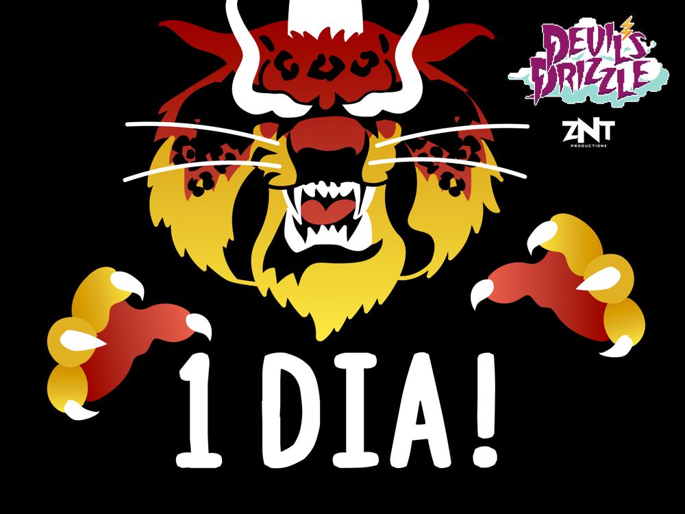 Ilustração promocional de Devil’s Drizzle mostrando um tigre estilizado inspirado em Pazuzu, com olhos e boca vermelhos, presas afiadas e garras estendidas para frente, sobre fundo preto. No canto superior direito, o logotipo do jogo e da produtora ZNT Productions. Na parte inferior, em letras grandes e brancas, a frase “1 DIA!”.