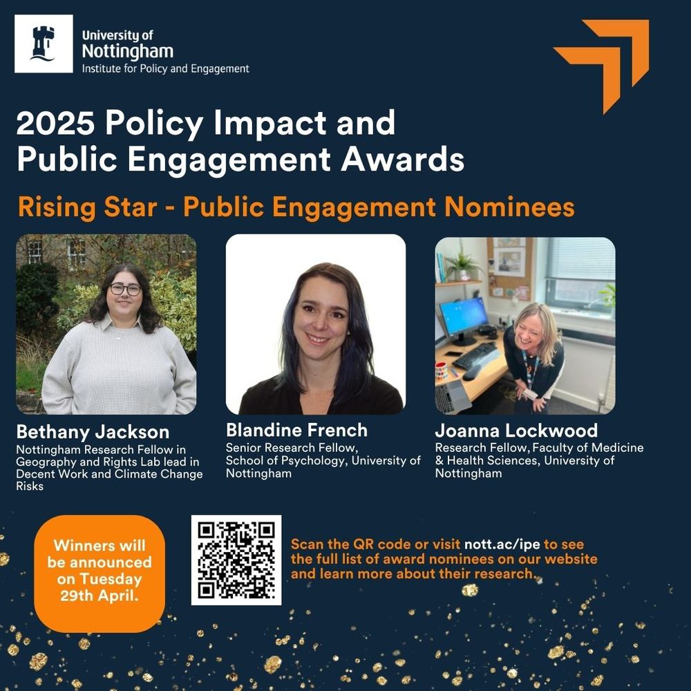 2025 Institute Award announcement banner for the Rising Star Award - Public Engagement category. The banner has the headshots of Bethany Jackson, Blandine French, and Joanna Lockwood who are the finalists for this category