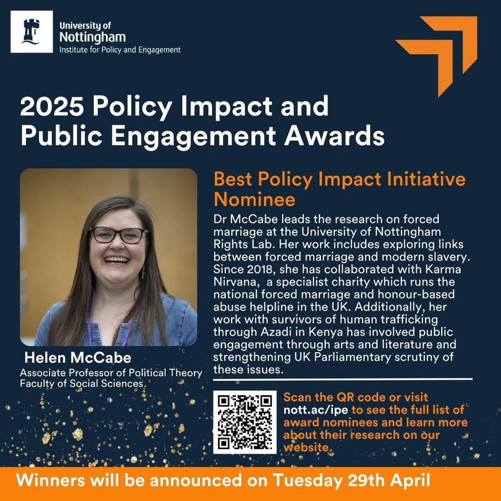 An Institute Award banner for the Best Policy Impact category. The banner has a picture of Helen McCabe and her project summary. 