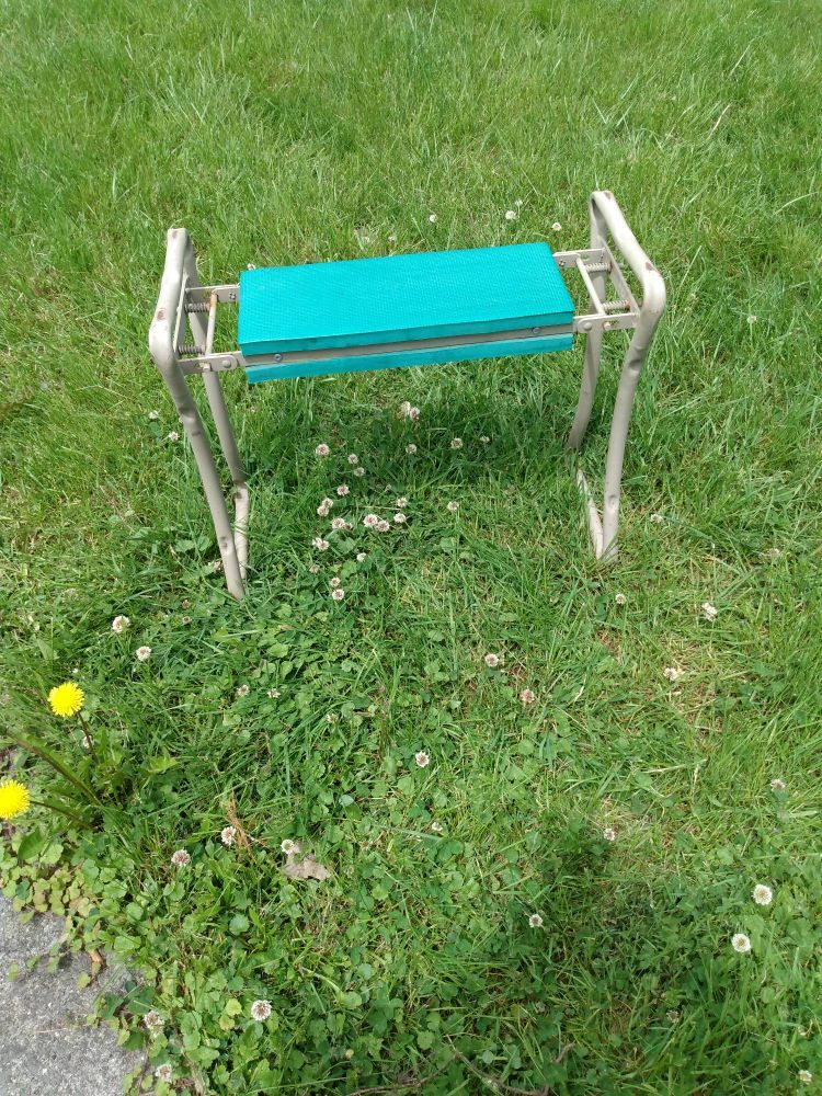 Garden bench in the bench position. Aqua foam pads set in a griege tubular metal frame. Bench is sitting on a green lawn with two dandelions visible at the side.