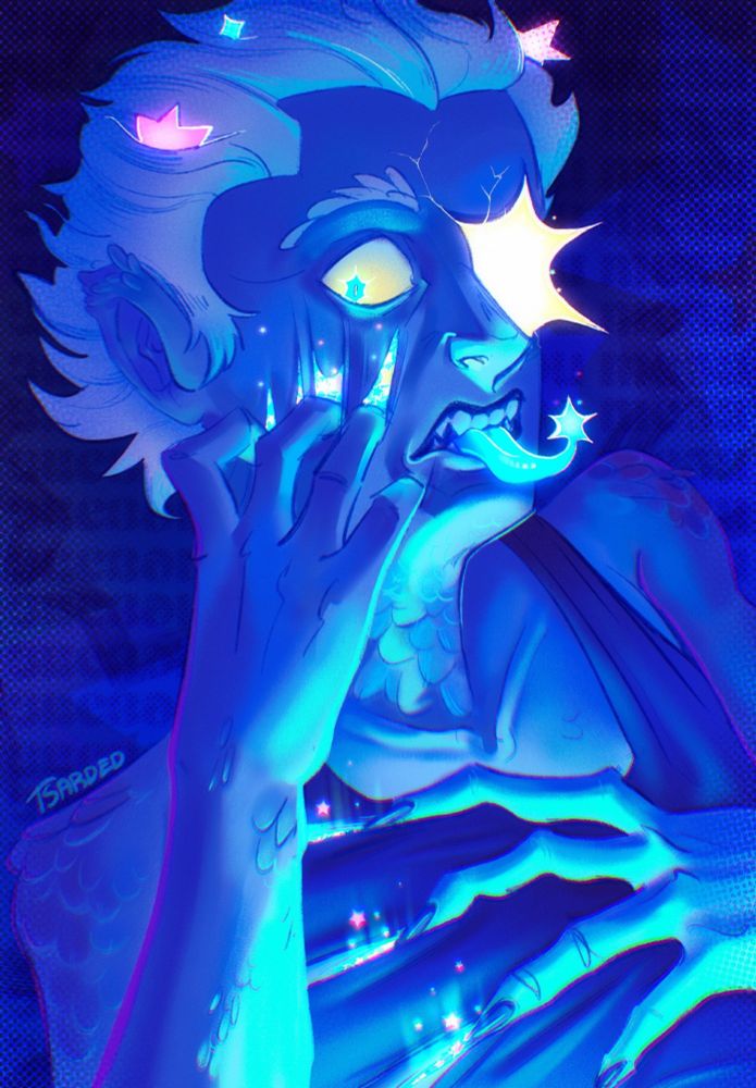 The character tears his skin in horror and colorful stars fly out. They are infected with stars...