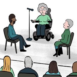 Illustration von drei Personen, die sich auf einer Bühne miteinander unterhalten. Die Person in der Mitte nutzt einen E-Rollstuhl. Im Vordergrund Köpfe des Publikums.