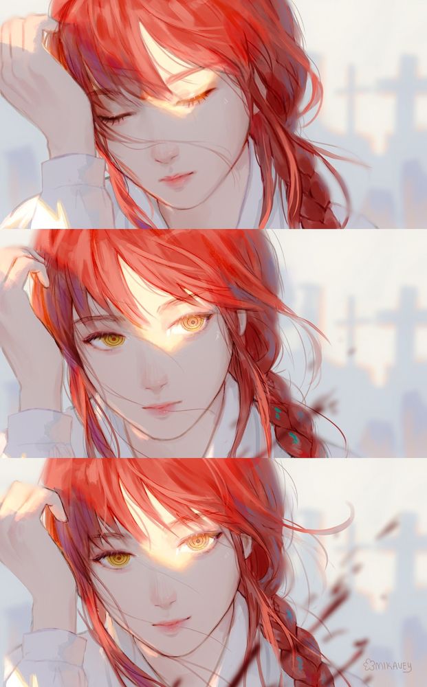 redhead red-haired girl named Makima from Chainsawman has her hair getting blown by the wind while she moves her fringe and smiles at the camera
