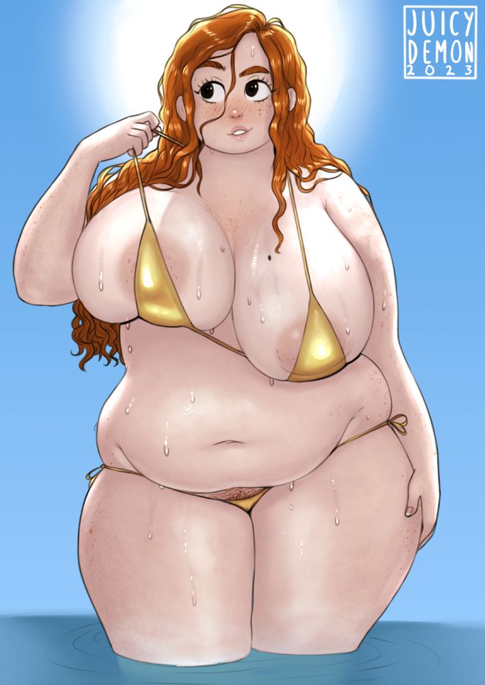 Rachel wearing a very small gold bikini.