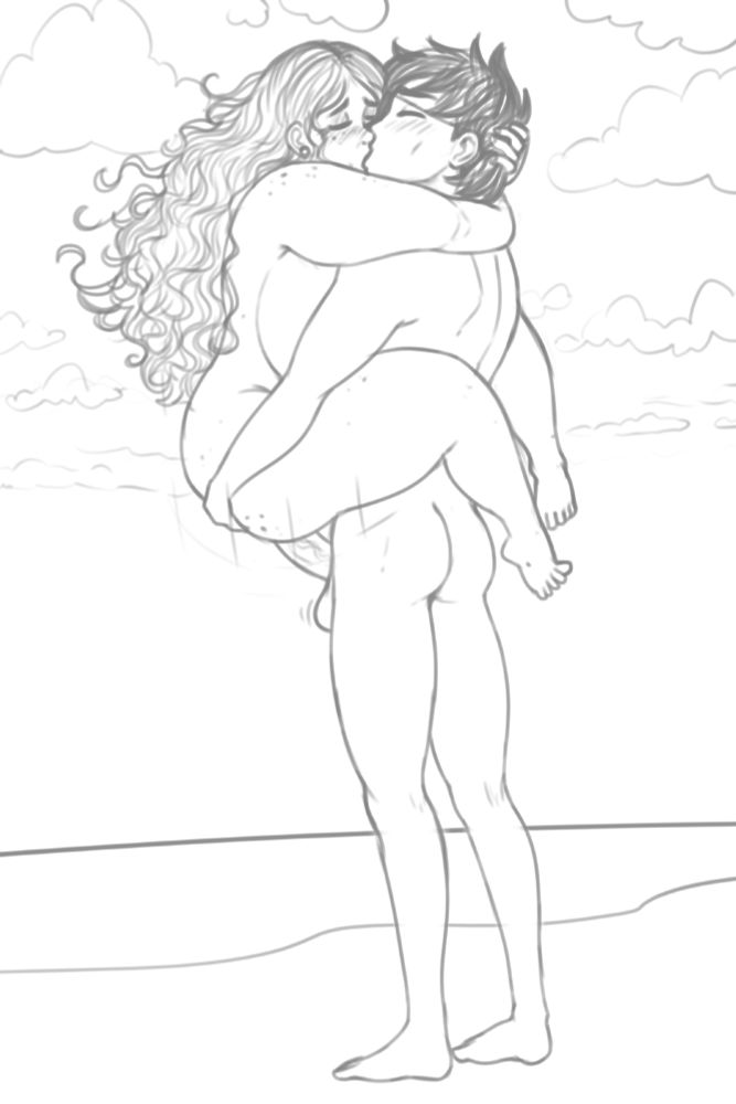 Milf Rachel on the beach, being picked up and fucked by Ian, an OC belonging to @dirtydepositoii.bsky.social. They are making out.
