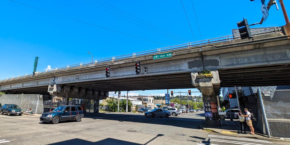 File photo from 2024 of the Leary Way Bridge, looking northeast from the west side of the bridge from Leary Way - this image is prior to construction to strengthen the bridge in case of an earthquake.