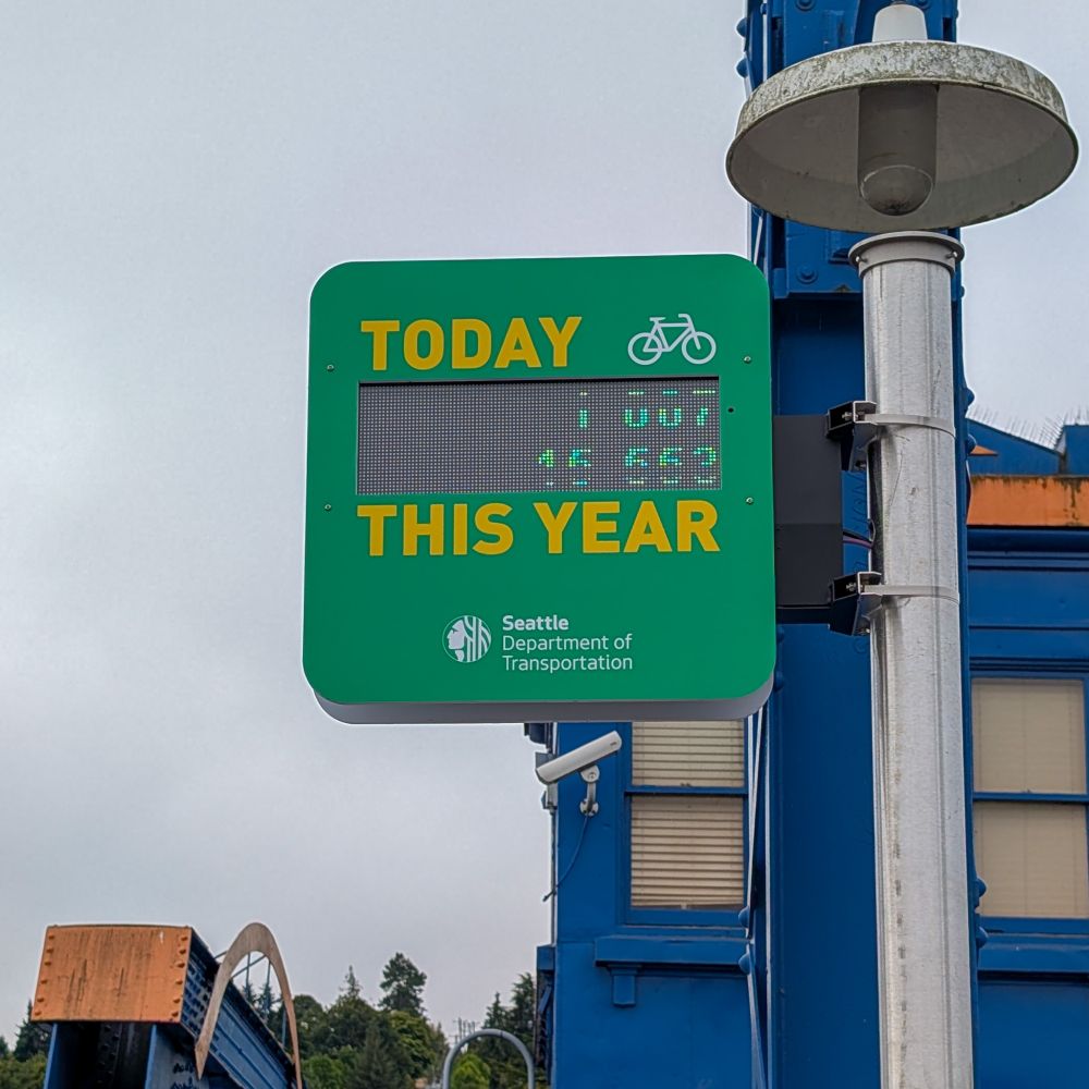 Fremont Bridge Bike counter, close up. The numbers look "spotty" because the refresh rate of the camera used to take the photo doesn't sync with the LED bulbs.