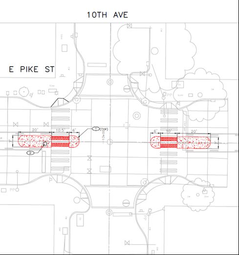 Diagram of the two pedestrian islands at this intersection.