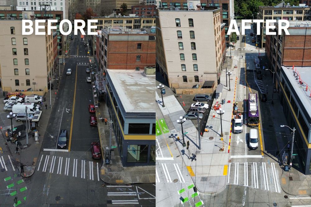 Aerial image of 3rd and Main, looking north. On the left is a BEFORE image showing deteriorated street conditions and a narrow sidewalk. The AFTER image on the right shows new concrete streets and a significantly widened sidewalk and new bus stop.