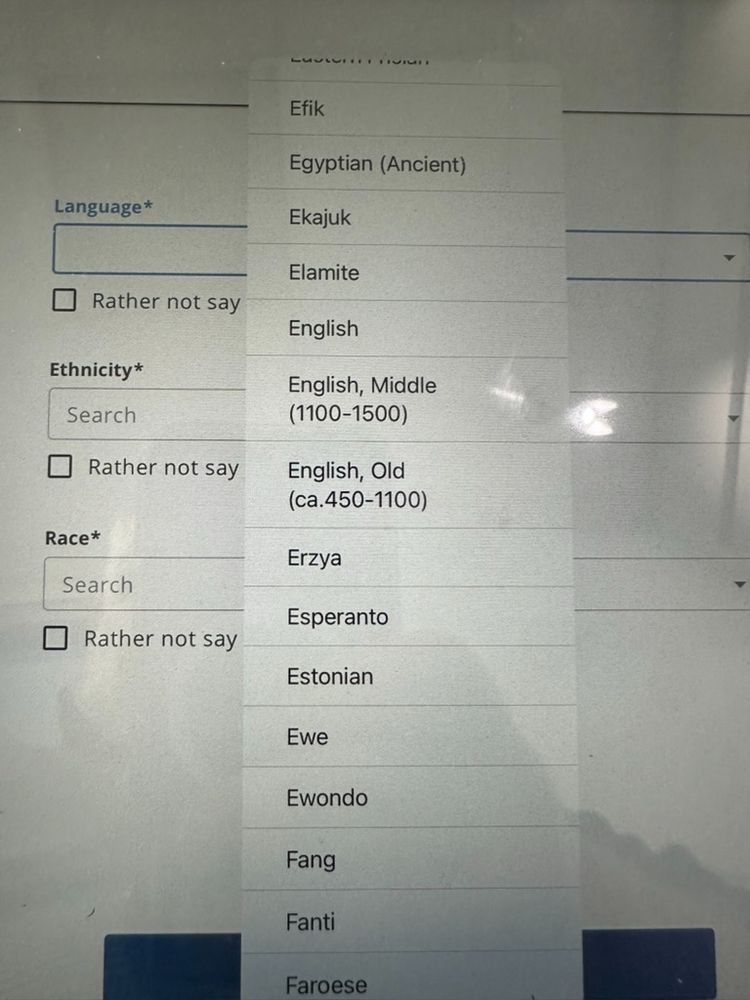Language preference menu at Dr. office check-in includes options for English, Middle (1100-1500) and English, Old (ca. 450-1100)