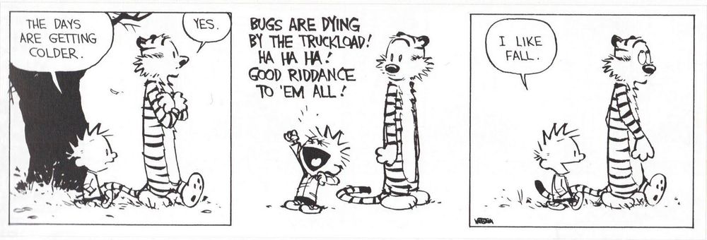 Calvin & Hobbes strip. Calvin (a 6-year-old boy) and Hobbes (an anthropomorphic tiger) are walking outdoors.

CALVIN: The days are getting colder.
HOBBES: Yes.
CALVIN: (raising his fist triumphantly and shouting) Bugs are dying by the truckload! Ha ha ha! Good riddance to 'em all!
CALVIN: (next panel, in normal voice) I like fall.
HOBBES: (rolls eyes)
