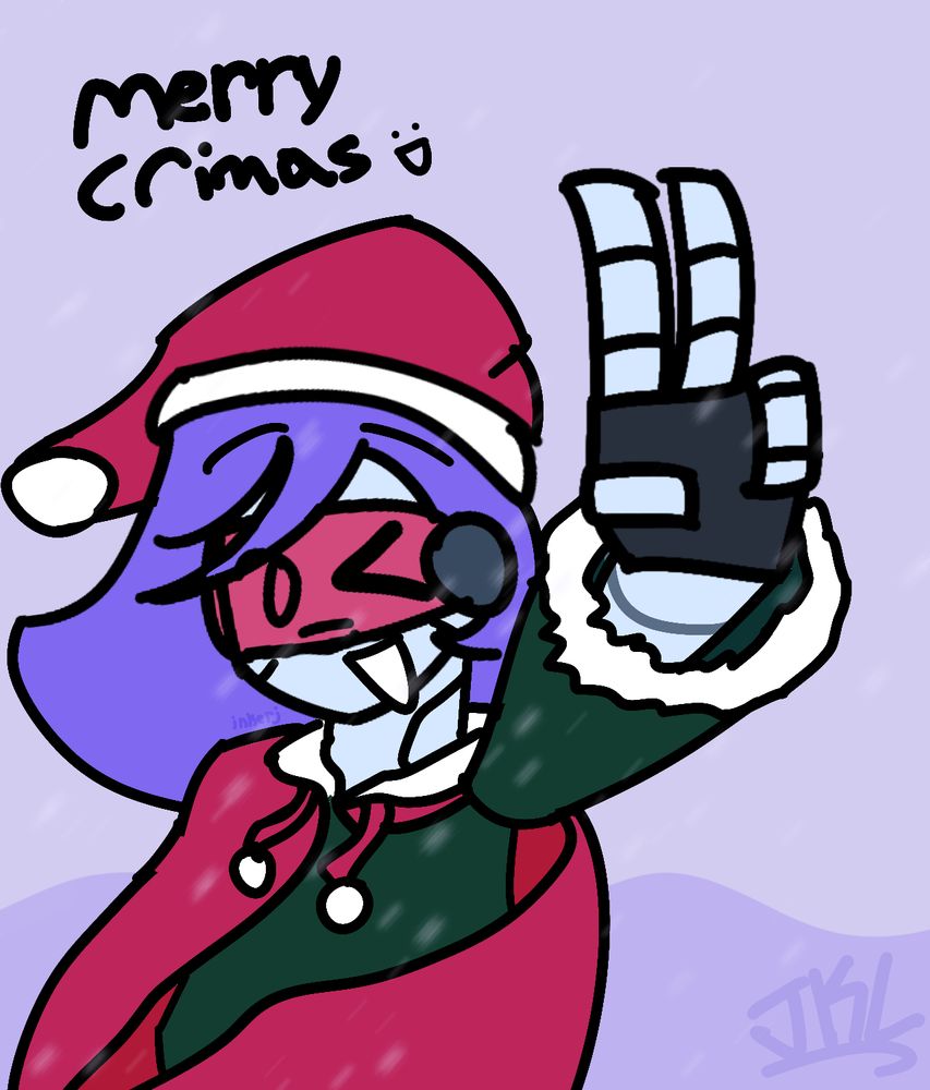 Cadence in a christmas style outfit, doing a peace sign with her hand, with the text "merry crimas :D"