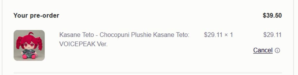 Pre-order confirmation for Kasane Teto VOICE PEAK plush