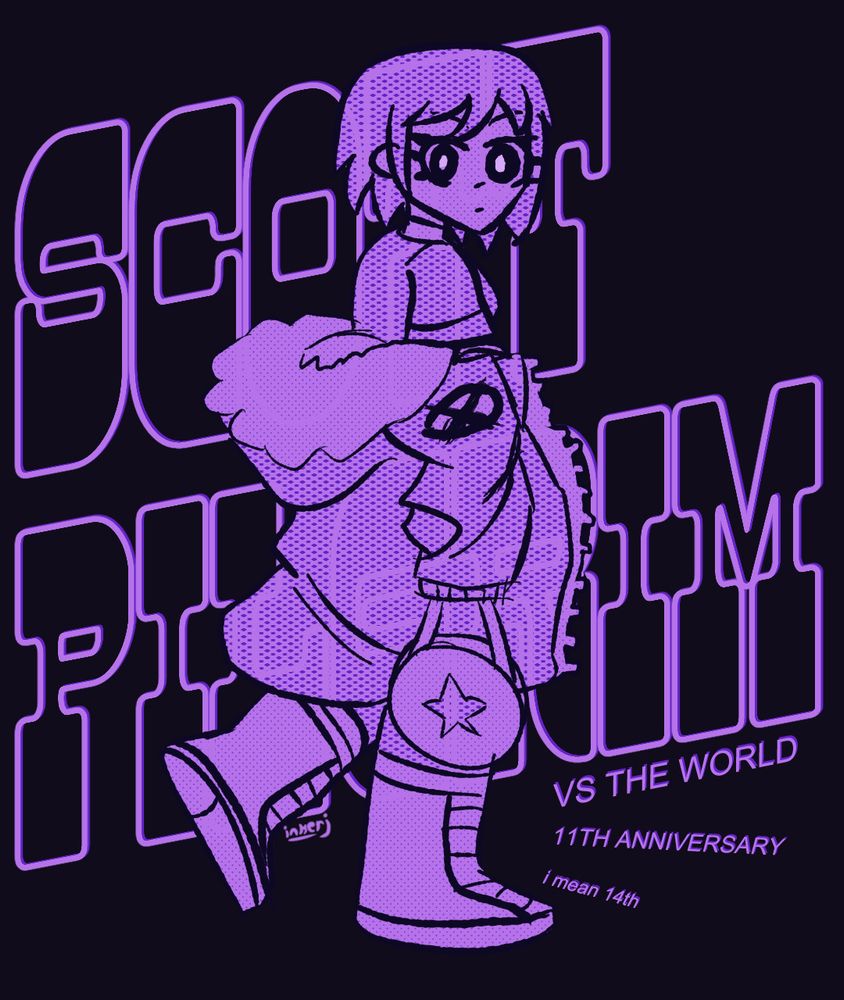 Ramona Flowers standing in front of the text "SCOTT PILGRIM VS THE WORLD" with smaller text text saying "11TH ANNIVERSARY i mean 14th"
