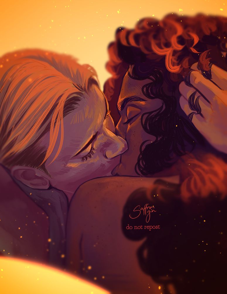 Digital art of a blond man kissing curly haired woman, her hand on his head, his in her hair, each pulling the other in for a kiss, lit in yellow light and cool toned shadows
