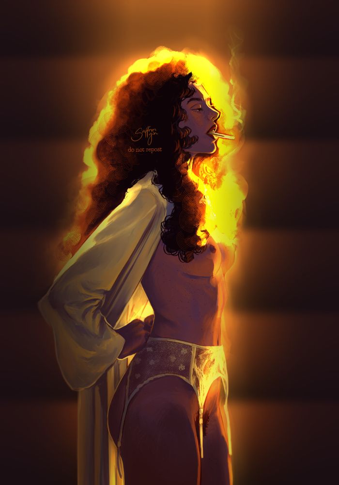 Woman fastening garter behind her back with a silk robe on, no knickers, no bra, wild curly hair, backlit golden glow, and lit cigarette in her mouth