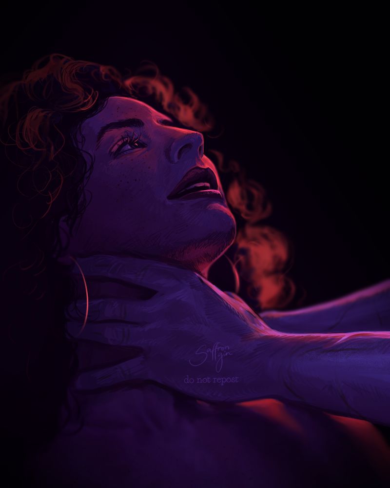 Woman being lovingly choked in warm light, cool shadows