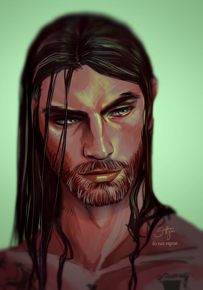 Art portrait of a man with grey eyes and wet, long, black hair and beard peppered with grey, a green sheen on his skin with some vague tattoos on his chest and neck