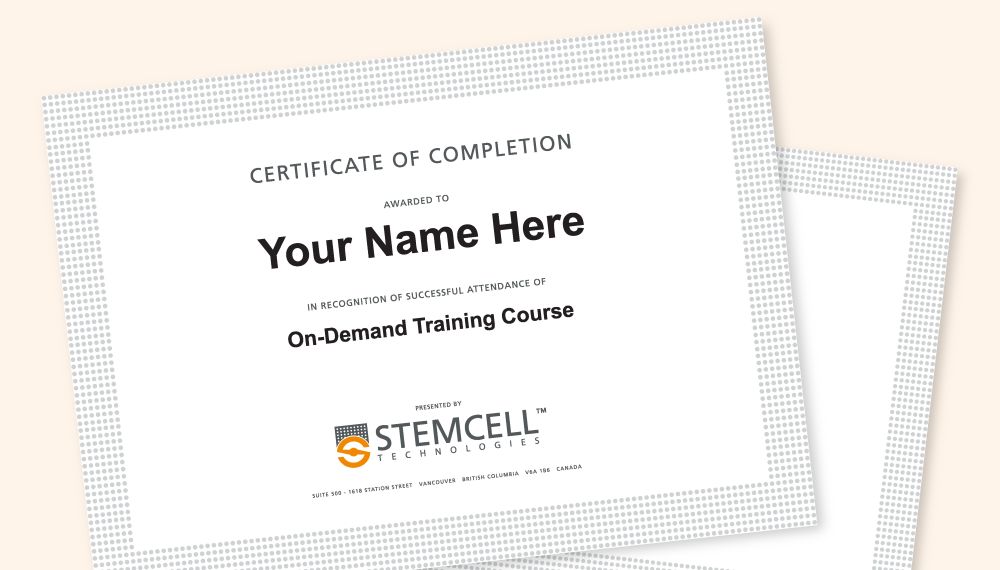 Certificate of completion with placeholder text “Your Name Here” for an “On-Demand Training Course” by STEMCELL Technologies.