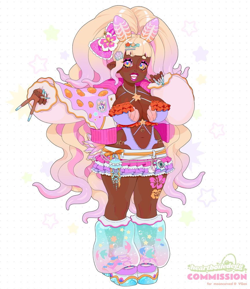 Anime-style character design of a beach gyaru. She's got brown skin and blonde wavy hair in a big updo that cascades down to the back of her knees, the tips of her hair fade into light pink tentacle-like shapes. She wears a large pink sparkly bow with a hibiscus flower in her hair, alongside ocean-themed hair clips. On top of her head sit two pink-orange sea bunny ears. For her outfit she wears a puffy light pink cropped jacket that's open and resembles the design of a nudibranch. Below is a purple-orange revealing swimsuit with frills and pearl details that's topped off by a frilly mini-skirt. She wears a bunch of little ocean-themed accessories on her skirt. On her right leg is a pink and orange hibiscus flower shape tattoo. Her outfit is completed by a pair of squishy jelly tube ocean-themed leg warmers and chunky sneakers. She's got long acrylic nails with beach and ocean designs on them.