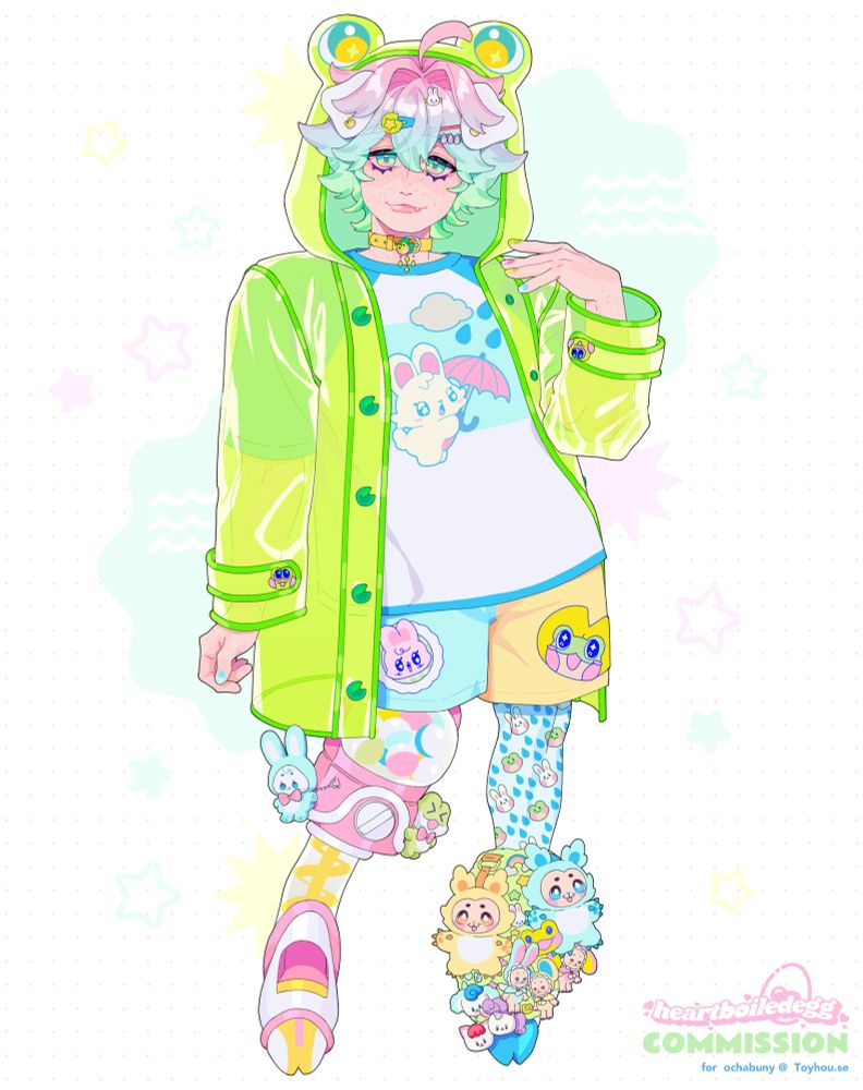 Anime-style character design of a cute guy in a frog-themed raincoat. He wears a bright light green raincoat with frog designs for the hood and buttons. His hair is a pink, blue and light green gradient with cute rain, frog and bunny-themed hair clips and he has white floppy dog ears. Below the raincoat he wears a t-shirt with a cute graphic of a bunny holding an umbrella against the rain, colorblock blue and yellow shorts, each with a cute patch of a bunny and a frog on the legs. His legs are deer-shaped and asymmetrical. The left leg is a pink, white and yellow gachapon machine design with two small plushies attached to the gachapon, one a bunny, the other a frog. The right leg is made of bunny, frog and rain fabric at the top, and has a 'legwarmer' design made of a cluster of different trinkets and blind box collectible designs. Around his neck he wears a yellow frog and lily pad choker.