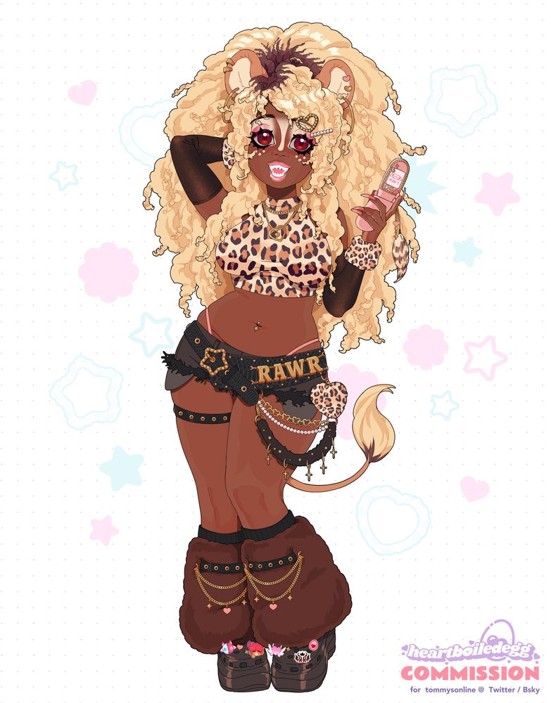 Anime style character design of a tsuyome gyaru lion vtuber. They've got brown skin and curly blonde hair with brown roots showing in the style of a big mane-like ponytail. Lion ears with piercings poke out of their big hair, and a matching lion tail swishes behind their body. Their outfit consists of a leopard print sleeveless crop top, dark, tiny ripped denim booty shorts with a large D.I.A belt in black leather, with the letters RAWR in gold accessorizing the belt alongside the golden start belt buckle and several chains dangling from the side of the belt together with a fluffy leopard print plush heart. On their left leg they wear a black leather strap and their arms are covered by dark, slightly see-through arm sleeves that end in fuzzy leopard print cuffs around their wrists. They've got big fuzzy brown legwarmers on with gold chain accessories in the front, and their shoes are dark platform crocs with a bunch of little giblets on them. They've got long pink hails and are holding a pink flip phone with gold decorations.