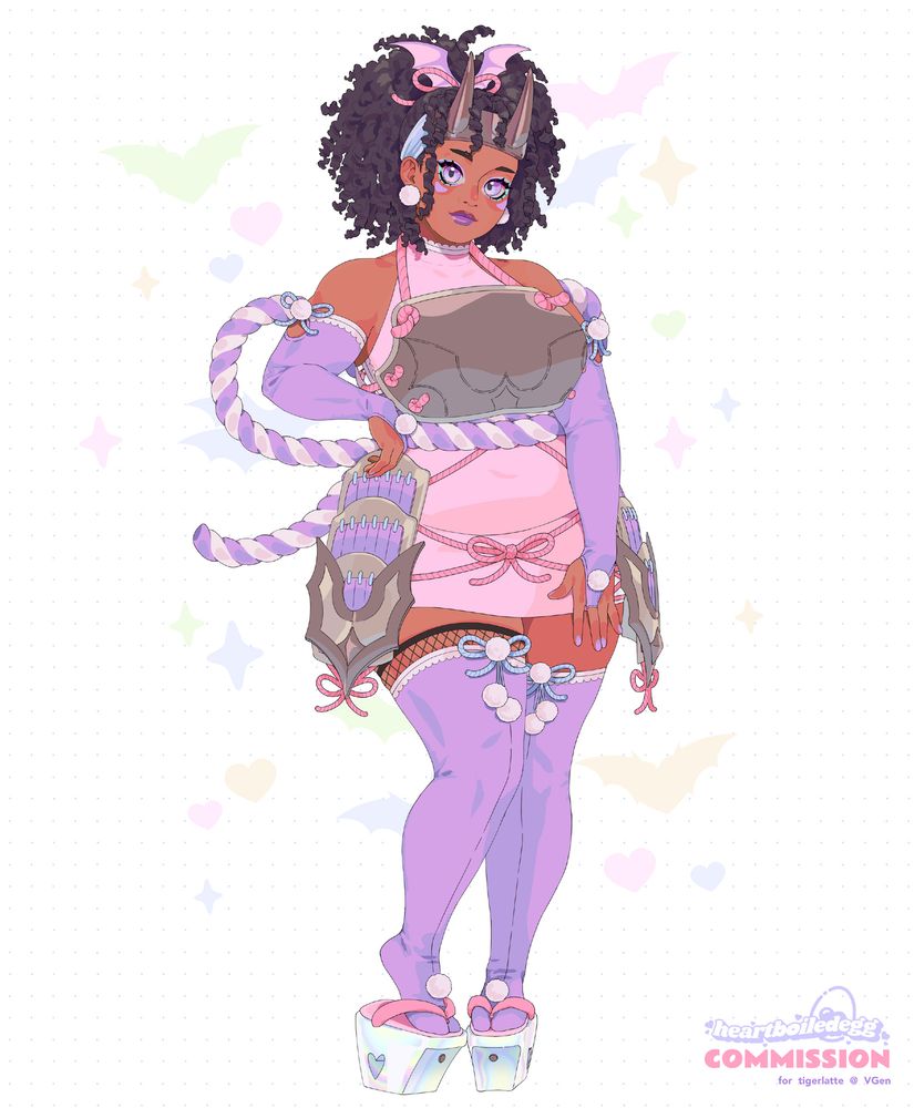 Anime-style character design of a pastel-colored ninja girl. She has brown skin and dark brown curly that she's pulled up into a high ponytail that fans out behind her head. A few curls frame her face across a light blue headband with metal horns on her forehead, and her ponytail is held up by a pink ribbon with bat wings of pastel purple and pink. She wears two white pompom earrings. Her outfit consists of a baby pink skintight sleeveless dress as a base, on top of which she wears armor pieces on her chest and each side of her hip. High around her waist she wears a thick white-purple rope that's tied into a big bow behind her back. Her arms and legs are covered in pastel purple sleeves which also have white pompoms with blue ribbons at the top seam. Her shoes are high platform geta sandals made out of iridescent material.