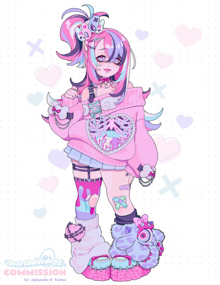 Anime-style character design of a feminine person in gurokawa fashion.
They've got long pink hair with streaks of black, white, baby blue and light purple, with part of their hair pulled up into a side ponytail on the left. Two bunny plush heads sit on the ponytail, one pink and one purple, both showing half their heads as cartoon skeletons. They have pale skin and their outfit consists of an oversized light pink off-the-shoulder sweater that's held up on one shoulder with a black belt strap. The sweater has white plush wing and bone decorations along the top and end of each sleeve. There's a small blue ribbon lace between the plush wings, whilst there's a tiny pink bow on each plush bone. The plush bones on each sleeve are fastened with black straps and have small chain decorations. Below the sweater they've got a baby blue pleated skirt. One leg sports a baby blue-purple striped thigh high with pink drips of liquid at the top, and it's held up by black thigh garters. The other leg just as three cute bandaids on and around the knee. They wear mismatched large legwarmers, the left one white with a pink plush heart in black barbed wire on the side, the right a black base sock and then a big, fuzzy one-eyed plush monster design in shades of baby blue and purple, with pink accents for claws, eyelashes and a bow. Their shoes are styled like chunky platform sneakers in baby blue and green with a pink ribbon bow on top of each, but the soles of the shoes look like squishy pink brains.