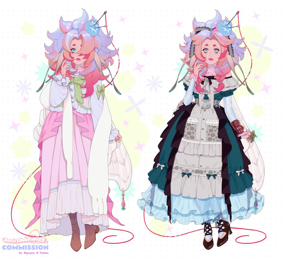 Anime style outfit designs for a cute fairy. She has light skin and wild, spiky, layered hair in gradients of soft blues, purples, oranges and reds and a blueberry-shaped pin cushion head band. On the left she wears her hair open, her right eye covered by her bangs. Her casual outfit consists of a white cropped blazer with ruffle lining and spring green bows as accents on her chest and shoulders. Below it she wears a pink dress with a sheer split layer on top, and a lighter pink layer below with white lace trim. To complete the outfit she wears brown wrap boots with leaf motifs and a white scarf that's loosely draped over her arms. On the right she has her hair parted and both eyes visible, whilst the rest of her hair is tamed into two braids she's pulled over her shoulders. Her work outfit here is a large hoop skirt dress with off-the-shoulder dark crema ruffle and short puff sleeves of a deep seafoam green. She wears a small corset with light blue flower motifs around her waist. The middle section of the dress is covered by a dark-cream apron with dark and light lace. Almost black long frill fabric strings cascade down the dress, two in the front and one on each side, framing the apron and the rest of the dark seafoam green dress. The bottom most layer of the dress is a sheer light blue ruffle fabric that reveals her dark grown lace boots. As accessories she wears a black and white striped bow on top of her head and a sowing leather bracelet and gold metal thimble on her thumb and index finger.