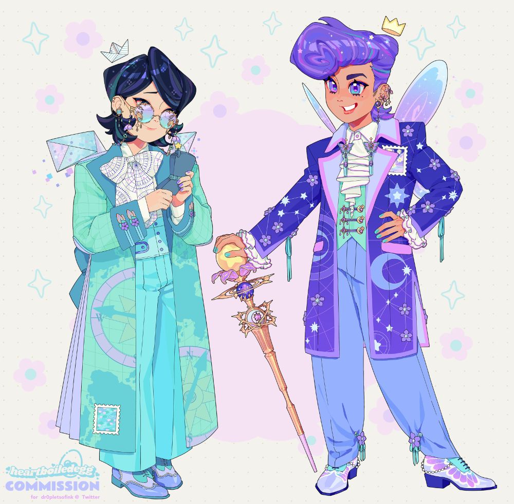 Anime style character designs of a modern fairy couple. The character on the left, Wei, has dark chin-length hair that frames their face, parted sideways and tucked behind their ear. They wear a long academic-style coat in light mint green with a compass and world map design on it. In the bottom left corner of the coat front is a postage stamp with a lilyvpad pond design. Below the coat they wear a white formal shirt with a large bow tied around the neck that has astronomical circular star maps patterned on it in thin dark linework. Their pants are wide-legged formal pants in light seafoam green with a high waist that's buttoned up. Their Brogue shoes are different shades of light lavender and purple and have a lily pad design beneath the shoe laces. For accessories they're wearing a dangly earring in the shape of a golden compass with green tear drops, and gold-frame circle glasses with a variety of small jewelry decoration hanging from the glasses. Wei has a small paper boat crown floating above their head, as well as geometric pixel wings.
The character on the right, Peri, has a purple heart-shaped pompadour and tan skin. He wears a dark purple formal coat with celestial motives. A postage stamp with a starry night design sits above his heart. The purple fabric is adorned with small forget-me-nots with stars pinning them into the celestial pattern. Below he wears a white frill shirt with two shirt collar jewelry clips in the shape of pink and purple moths that dangle small jewelry chains and light seafoam green tassels. A light mint green vest is visible beneath the outer coat that has moon and star shapes for buttons. His pants are a lose vintage formal style in light blue with small forget-me-not pins on the bottom inside of each leg. His formal shoes are a light purple base with a butterfly wing design. For accessories he wears a golden celestial and flower motif drop earring. He's got a small gold crown above his head and blue-purple rounded wings.