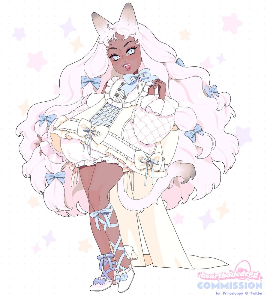Anime-style character design of a white-haired catboy. They have long, wavy white hair that has several blue little ribbons tied into the strands in places, and tan skin, his blue eyes matching the ribbons in his hair. They wear a poofy a-line dress with many ribbons and frills, and their puffy white underpants show beneath the dress. There's a big cream-colored bow fastened at the back of the dress that falls to the floor like a train. Lastly he's wearing kitten heel shoes with frill lining and matching blue ribbons that crisscross up his legs in asymmetrical length and tie into a cute bow.