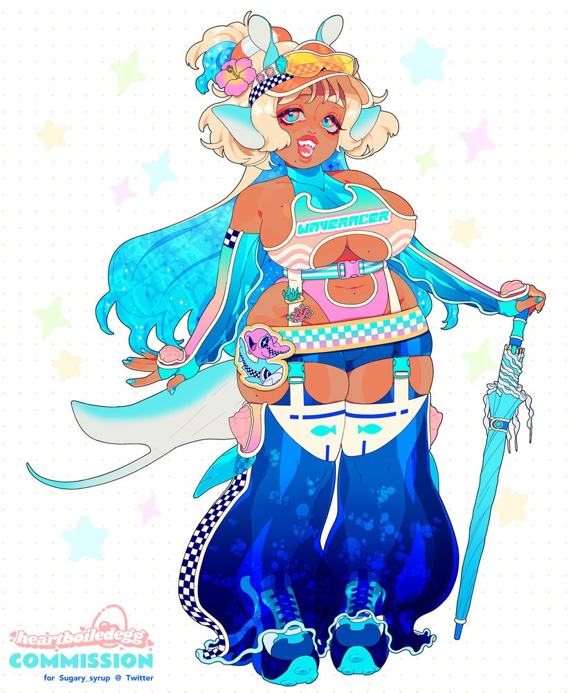 Anime-style character design of a cute ocean / beach-themed racing queen. She has tan skin, long blonde hair in a jellyfish cut that shows the ocean surface rippling on the inside. She wears an orange sun visor and a revealing bathing suit in a pink-yellow-seafoam gradient. She has a cute checkered belt wrapped around her hips with a mascot of a dolphin and a shark attached to the side. Beneath that she has long straps that connect from her waist belt down to big thigh-high legwarmers that billow out at the bottom and mimic the ocean's deep waters. She wears chunky heel sneakers with tentacle-esque soles. Her arms are covered in skintight sleeves that match the bathing suit.