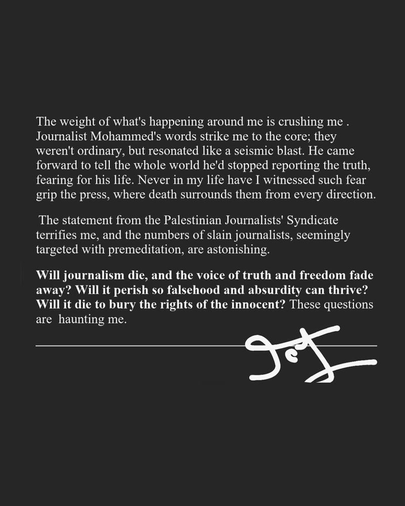 Poem written by Joy: The weight of what's happening around me is crushing me. Journalist Mohammed's words strike me to the core; they weren't ordinary, but resonated like a seismic blast. He came forward to tell the whole world he'd stopped reporting the truth, fearing for his life. Never in my life have I witnessed such fear grip the press, where death surrounds them from every direction. The statement from the Palestinian Journalist's Syndicate terrifies me, and the numbers of slain journalists, seemingly targeted with premeditation, are astonishing. Will journalism die, and the voice of truth and freedom fade away ? Will it perish so falsehood and absurdity can thrive ? Will it die to bury the rights of the innocent ? These questions are haunting me. Joy