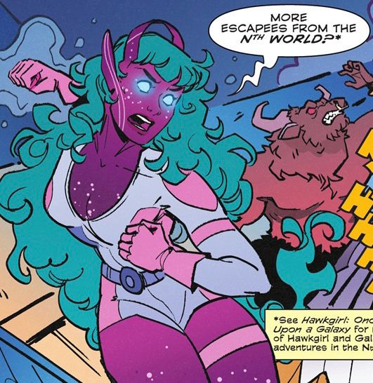 A panel from "I'll Be Home For Hanukkah," a story in DC Comics' 2025 Holiday special I SAW MA HUNKEL KISSING SANTA CLAUS, by Jadzia Axelrod, Hannah Templer, Bex Glending, and David Lanham, in which Galaxy looks cool and says "More escapees from the Nth World."