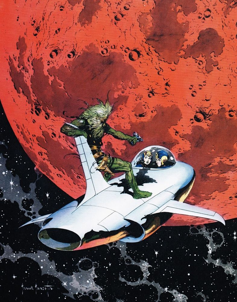 A Buck Rogers cover for FAMOUS FUNNIES #214, featuring a sleek sliver spaceship and wild green alien man hanging on to one spaceship fin while aiming a raygun at Buck and Wilma