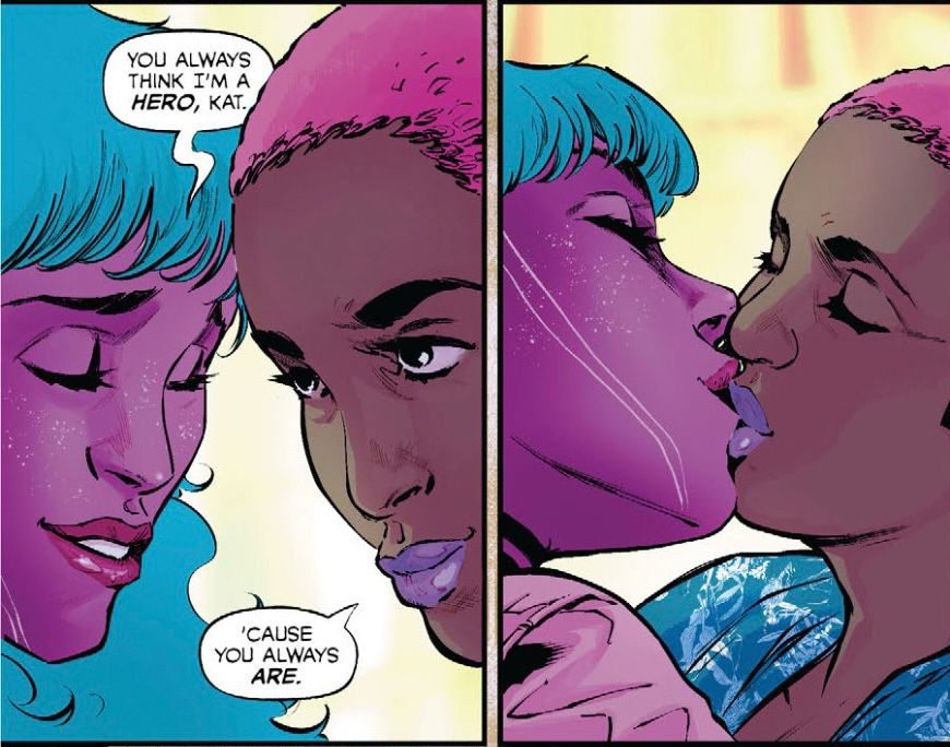 Two panels from HAWKGIRL: ONCE UPON A GALAXY by Jadzia Axelrod, Amancay Nahuelpan,  Adriano Lucas, Alex Guimarães, Carrie Strachan, and Hassan Otsmane-Elhaou. In the first, Galaxy and Kat, now in their early twenties, hold their heads close "You always think I'm a hero, Kat." "'Cause you always are," Kat responds. In the second panel, they kiss passionately.