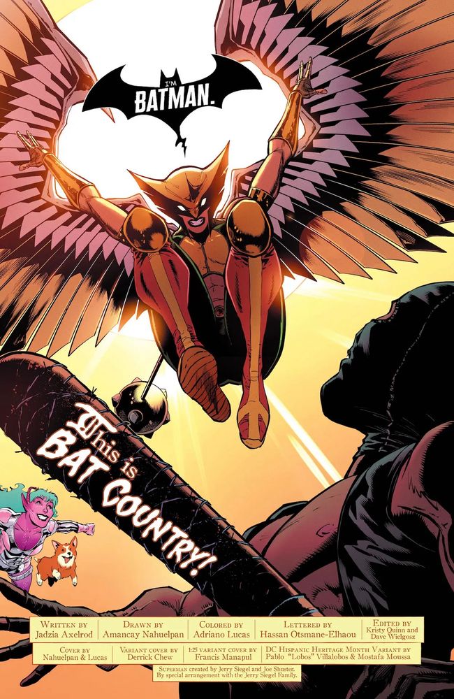 A page from HAWKGIRL: ONCE UPON A GALAXY by Jadzia Axelrod, Amancay Nahuelpan,  Adriano Lucas, Alex Guimarães, Carrie Strachan, and Hassan Otsmane-Elhaou, where Hawkgirl says "I'm Batman."