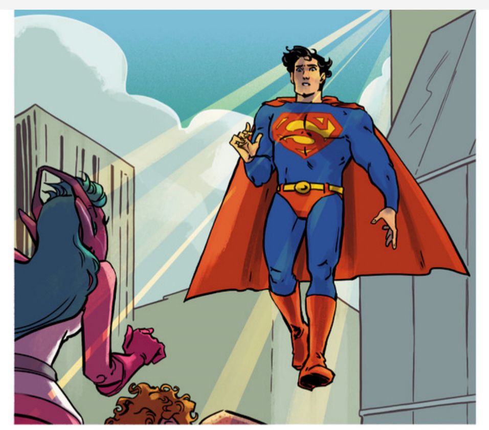 A panel from GALAXY: AS THE WORLD FALLS DOWN  by Jadzia Axelrod and Rye Hickman, featuring Superman flying down to meet teenage Galaxy as the sunlight streams behind him.