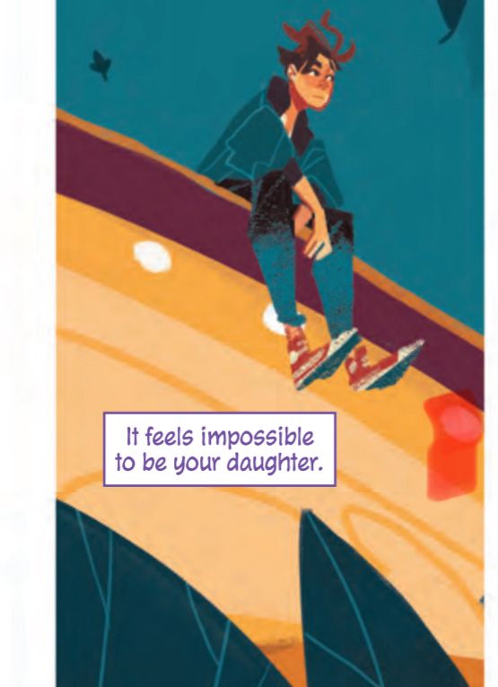 A panel from GALAXY: THE PRETTIEST STAR by Jadzia Axelrod, Vash Taylor and Ariana Maher, where pre-transition Taylor says "It feels impossible to be your daughter."
