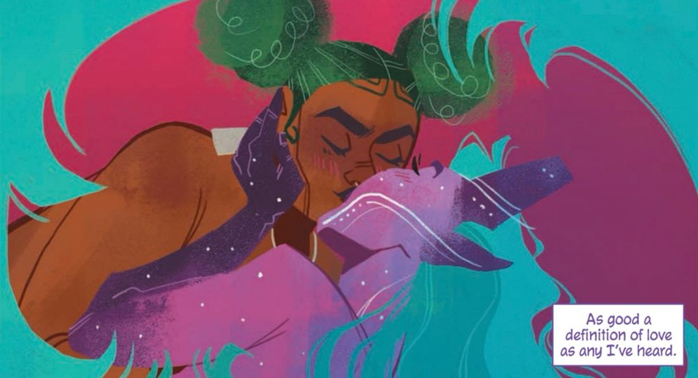 A panel from GALAXY: THE PRETTIEST STAR by Jadzia Axelrod, Vash Taylor and Ariana Maher where Kat and Taylor kiss. 

The narration reads: As good a definition of love as any I've heard.
