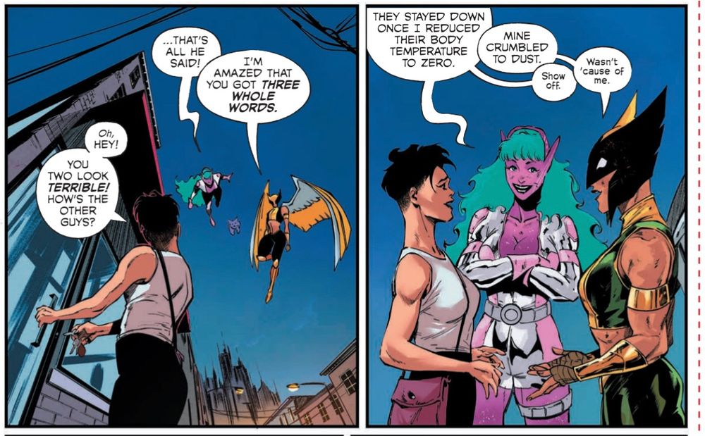 Two panels from HAWKGIRL #3. The first depicts an extremely battered Galaxy, Hawkgirl, and Argus landing in front of the Red Eye Café. Alysia Yeoh is closing up.

GALAXY: …that’s all he said!
HAWKGIRL: I’m amazed that you got three whole words.
ALYSIA: Oh, hey! You two look terrible! How’s the other guy?
 
The second panel depicts Alysia regarding Galaxy and Hawkgirl, who look just awful and are barely standing upright.
 
GALAXY: They stayed down once I reduced their body temperature to zero.
HAWKGIRL: Mine crumbled to dust.
GALAXY: Show off.
HAWKGIRL: Wasn’t ‘cause of me.