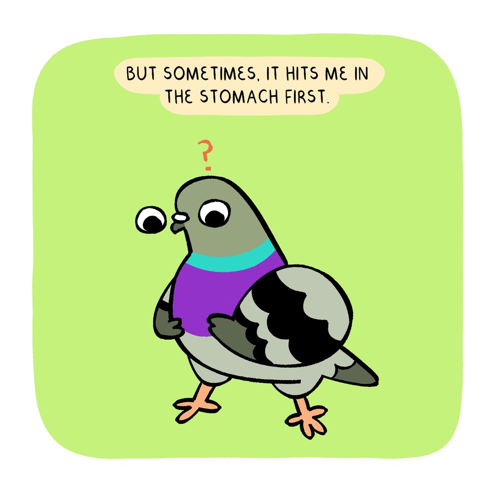 a panel preview of a comic. a pigeon holds its stomach, confused. the text above says "but sometimes, it hits me in the stomach first."