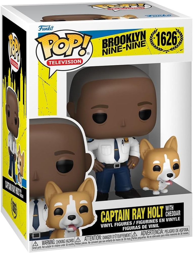 Picture of the box and figure for POP Television Brooklyn Nine-Nine Captain Ray Holt (with Cheddar).