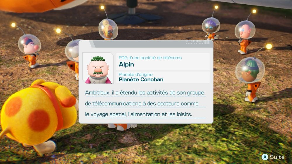 Fiche descriptive d’un personnage de Pikmin nommé Alpin.

"Ambitieux, il a étendu les activités de son groupe de télécommunications à des secteurs comme le voyage spatial, l'alimentation et les loisirs."