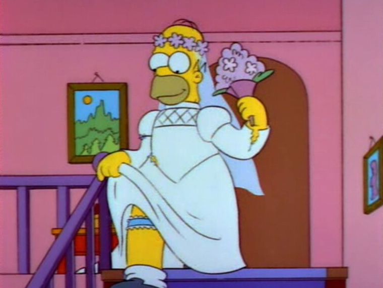 Homer Simpson coming down the stairs in a wedding gown