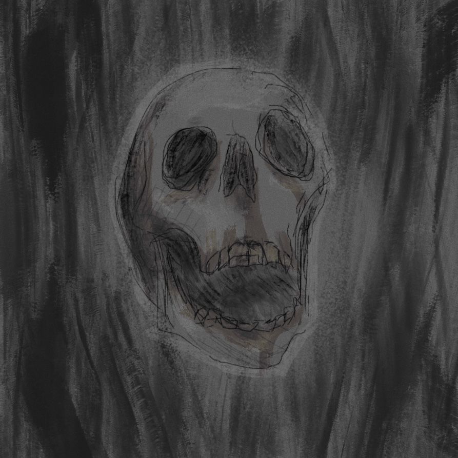 A digital sketch of a skull with its mouth wide agape