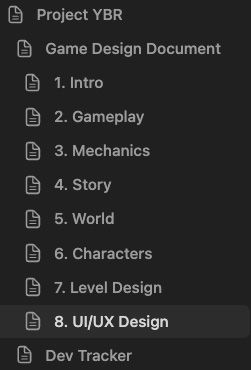 Project Manager software showing the sections of documentation using a Game Design Document template and Development Tracker template.