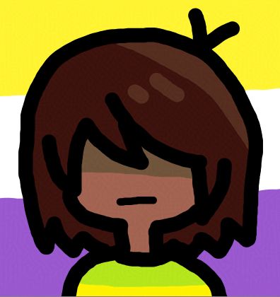 digital drawing of kris dreemurr from deltarune from the shoulders up. background is the nonbinary flag (from the top: yellow white purple black, tho the black is missing cuz I didnt want it to blend in with the outlines). they have dark brown shoulder length hair with a light hitting the back of their head. their hair is covering their eyes casting a shadow over them. they have darker skin. they are wearing a striped lime and yellow sweater (lime at the top and yellow in the middle). their mouth is a single straight horizontal expressionless line